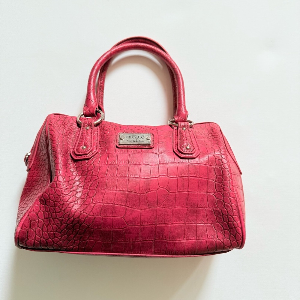 Nicole by Nicole Miller Red Faux Crocodile Embossed Satchel Bag